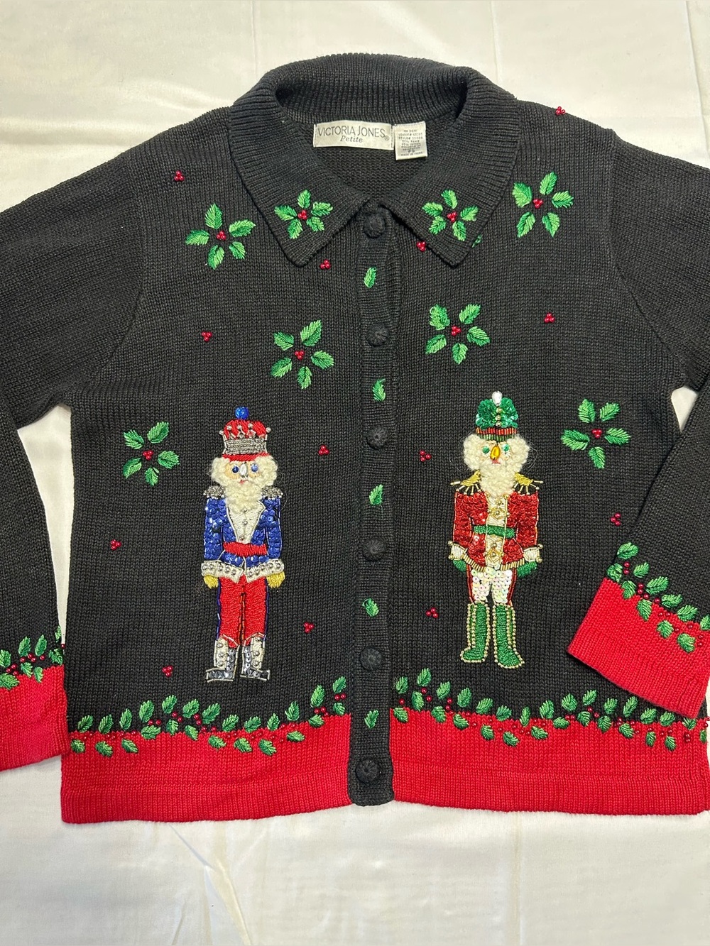Victoria Jones Petite PS Nutcracker Christmas Cardigan Beaded Sequin Ramie Cotto